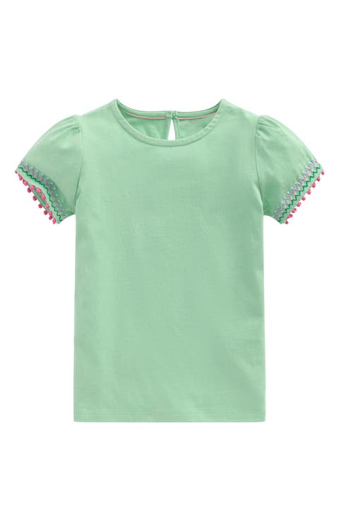 Kids' Embroidered Pom Trim Puff Sleeve Cotton T-Shirt (Toddler, Little Kid & Big Kid)