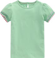 Mini Boden Kids' Embroidered Pom Trim Puff Sleeve Cotton T-Shirt