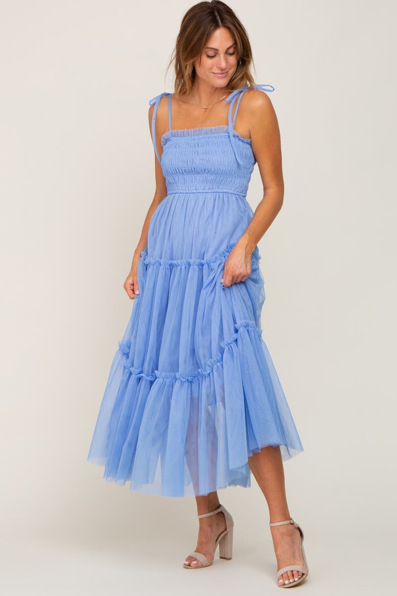 Smocked Mesh Midi Dress, Alternate, color, Light Blue