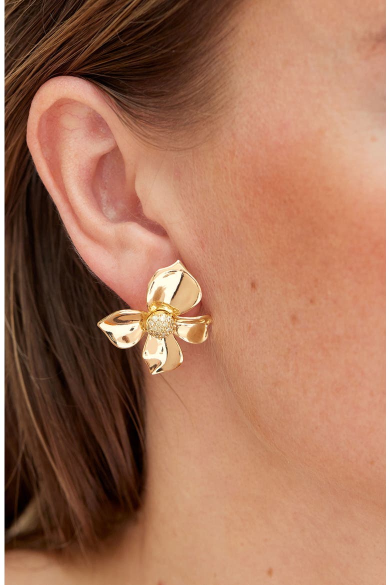 Pavé CZ Flower Stud Earrings, Alternate, color, GOLD