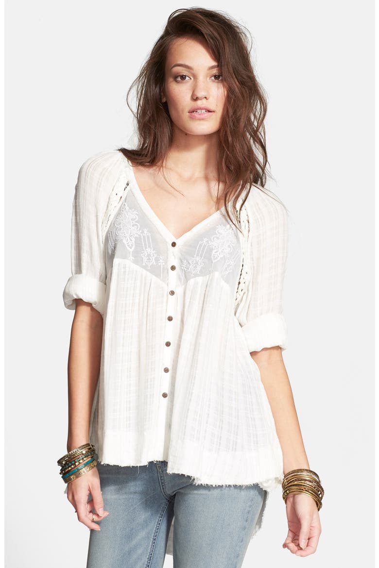 Embroidered Button Front Top, Main, color, IVORY