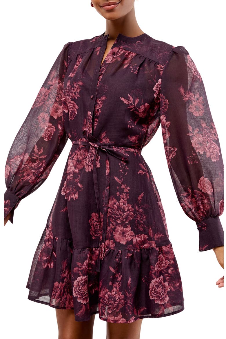 Rose Tie Belt Long Sleeve Minidress, Alternate, color, PINK MULTI