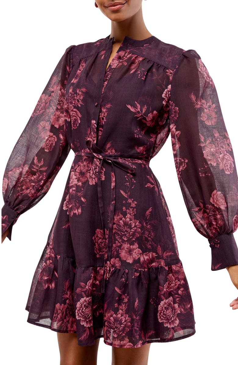 Lipsy Rose Tie Belt Long Sleeve Minidress, Alternate, color, Pink Multi