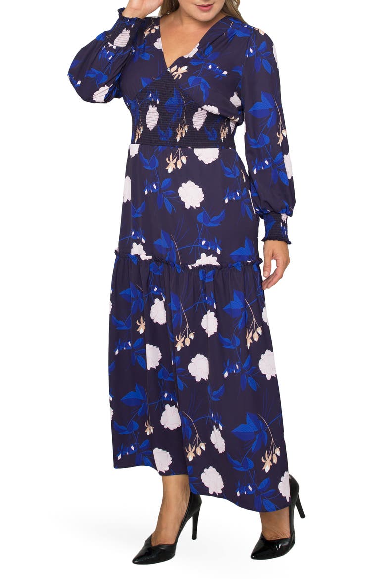 Floral Smock Waist Long Sleeve Georgette Maxi Dress, Alternate, color, BLOOMS