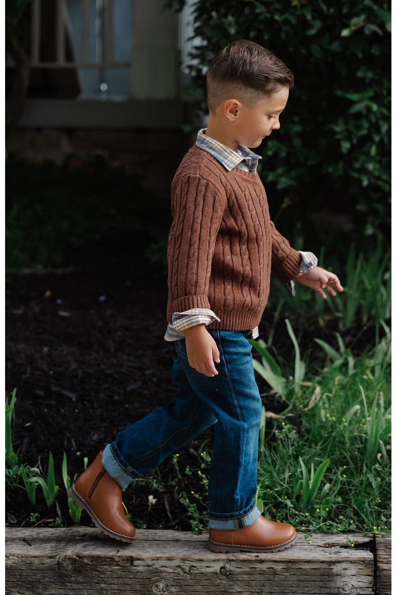 Boys' Organic Fine Gauge Cable V-Neck Sweater, Kids, Alternate, color, Cinnamon Heather Cable