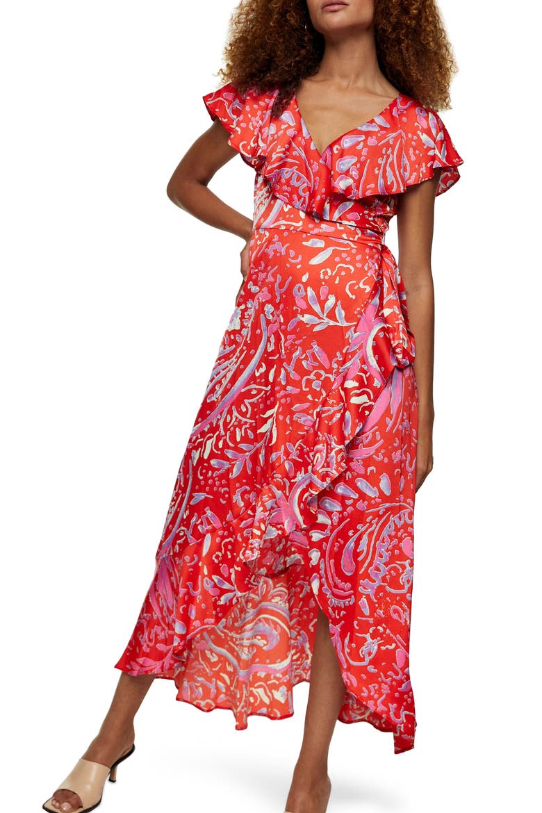 Satin Ruffle Wrap High/Low Dress, Main, color, RED MULTI