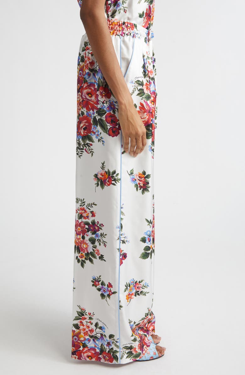 Dolce&Gabbana Floral Bouquet Print Silk Twill Drawstring Pants, Alternate, color, Mazz.fiori F.bianco
