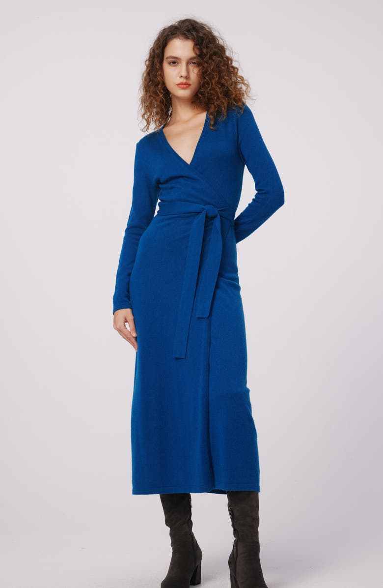 DVF Astrid Long Sleeve Wool & Cashmere Wrap Sweater Dress, Alternate, color, Dark Ocean