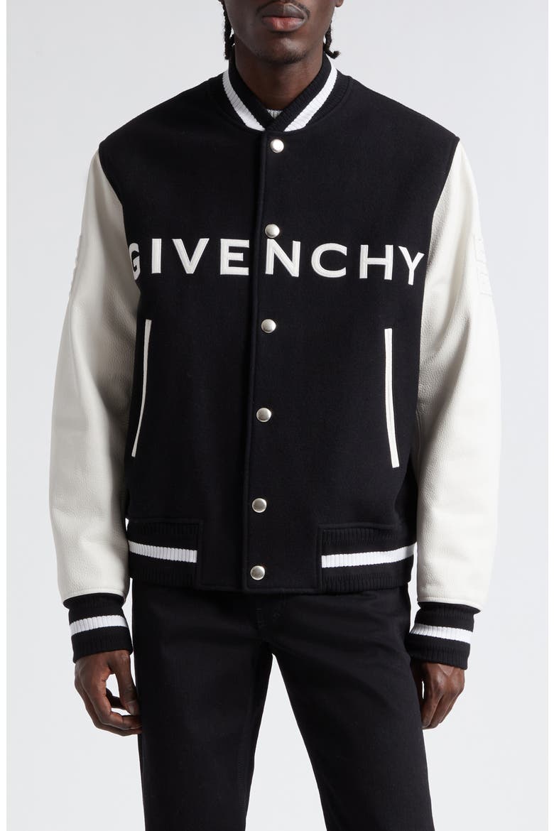 Embroidered Logo Mixed Media Leather & Wool Blend Varsity Jacket
