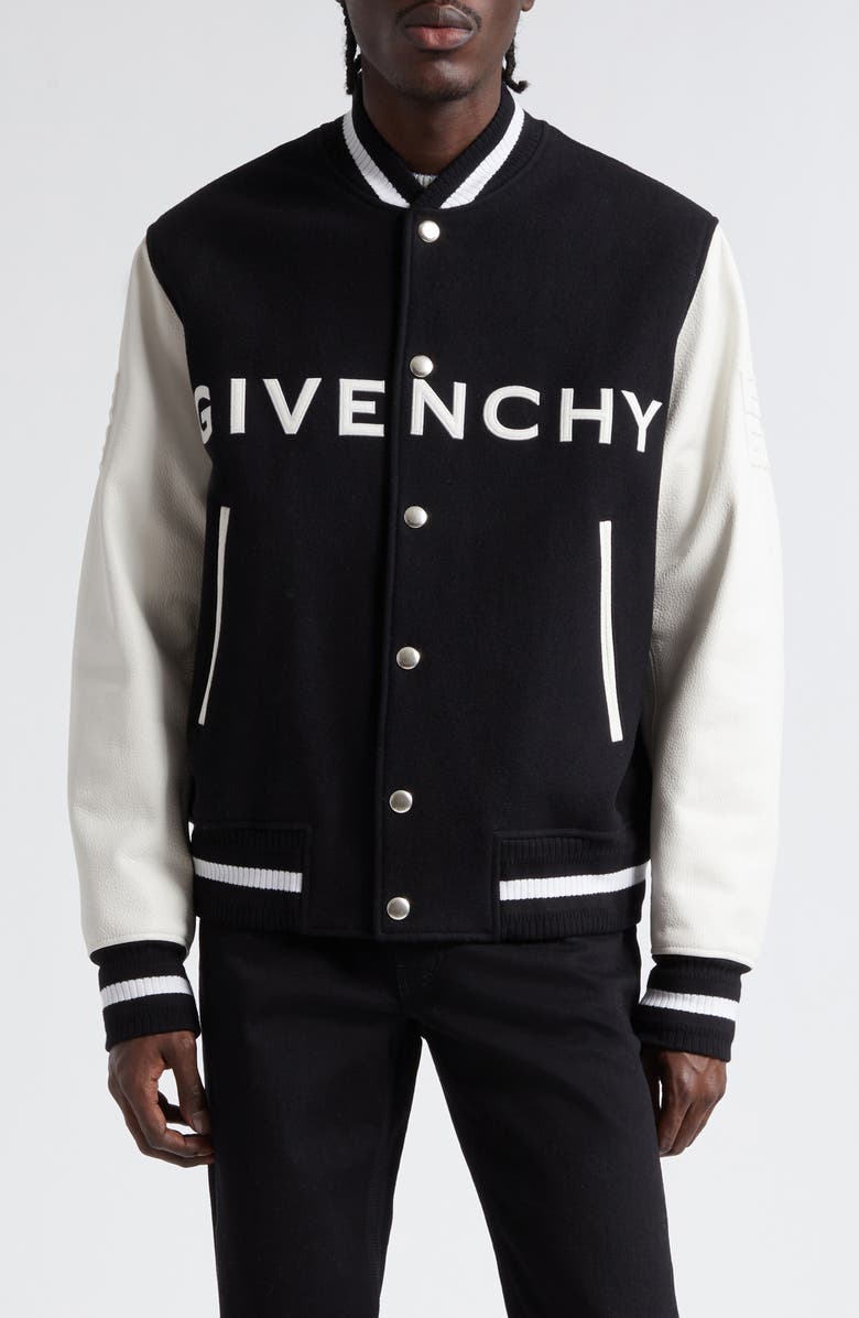 Givenchy Embroidered Logo Mixed Media Leather & Wool Blend Varsity Jacket, Main, color, Black/ White