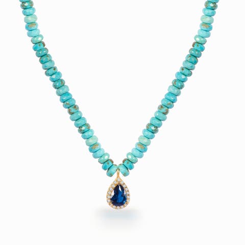 Turquoise beaded sapphire drop necklace