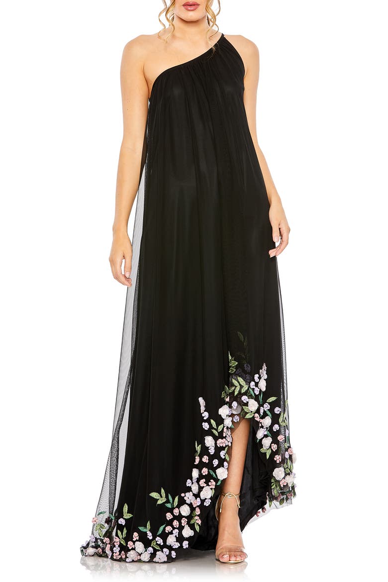One Shoulder Trapeze Embellished High Low Gown, Main, color, BLACK