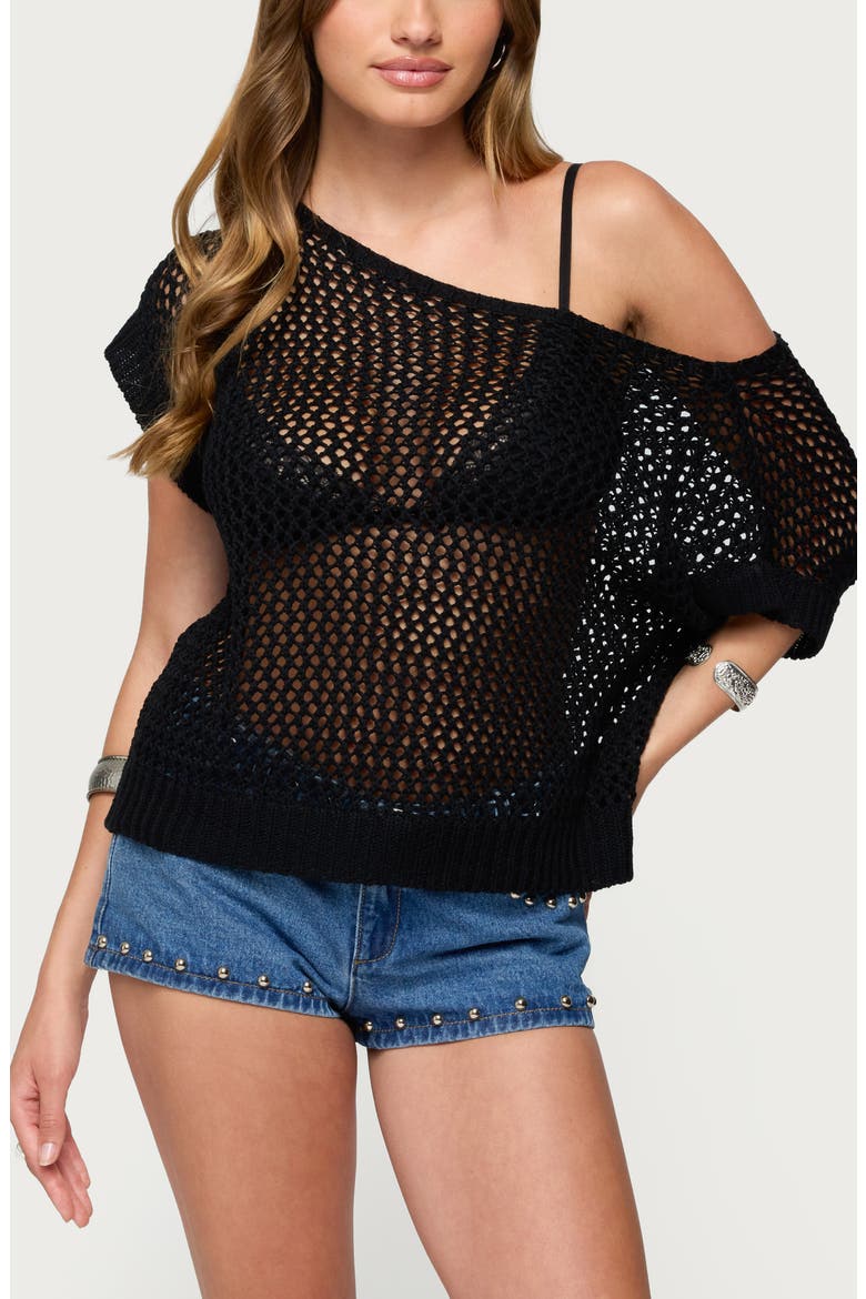 Trix One-Shoulder Open Stitch Sweater, Main, color, BLACK