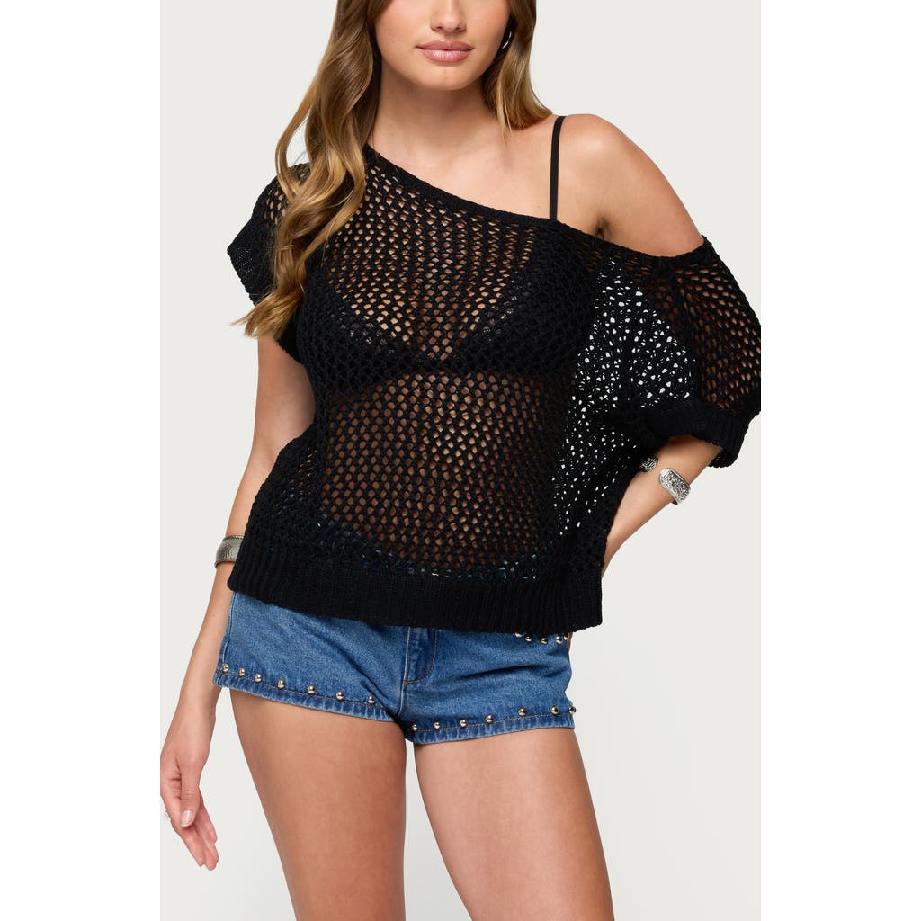 Edikted Trix One-shoulder Open Stitch Sweater In Black