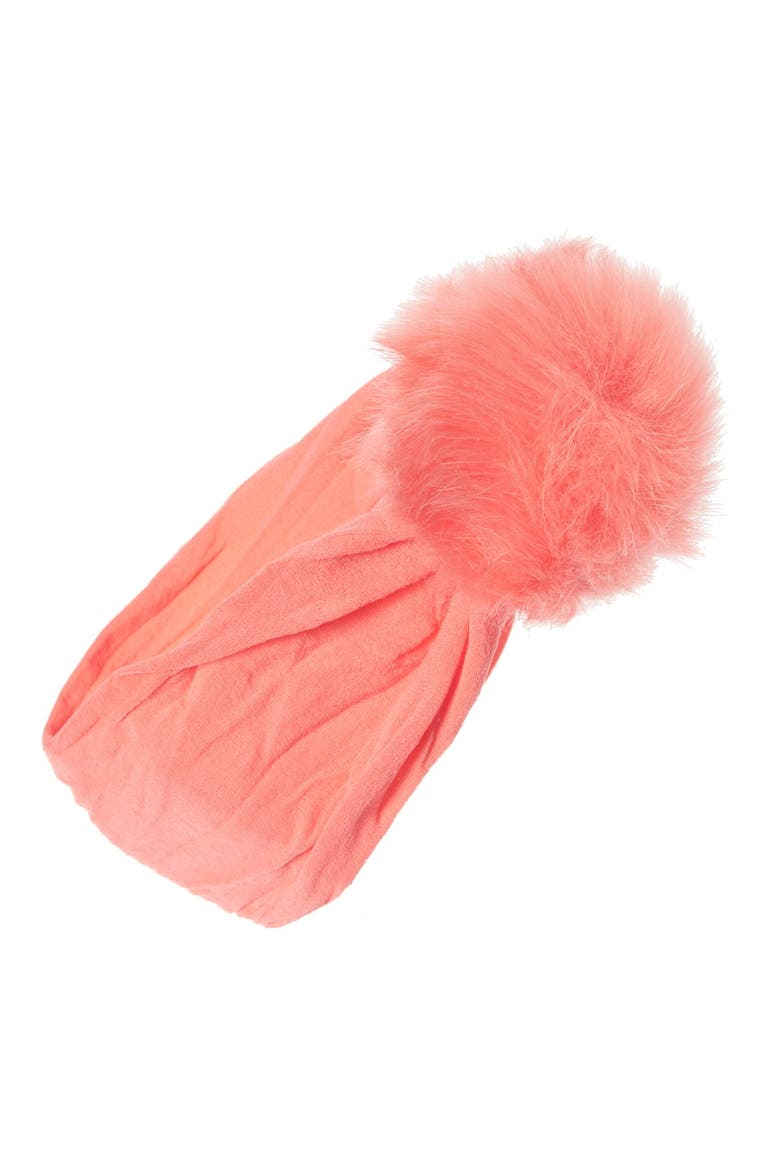 Faux Fur Pompom Headband, Main, color, CORAL