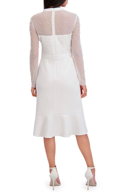 London Times Embellished Illusion Long Sleeve Midi Dress In White