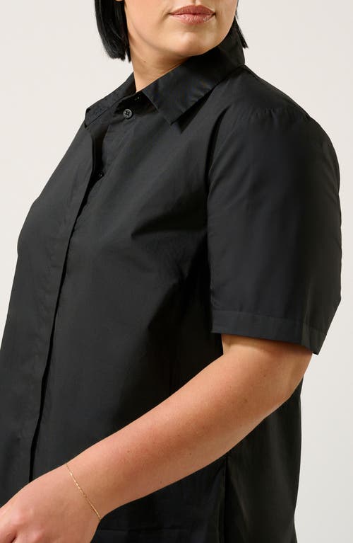 Estelle Obsidian Short Sleeve Polished Cotton Shirtdress In Black