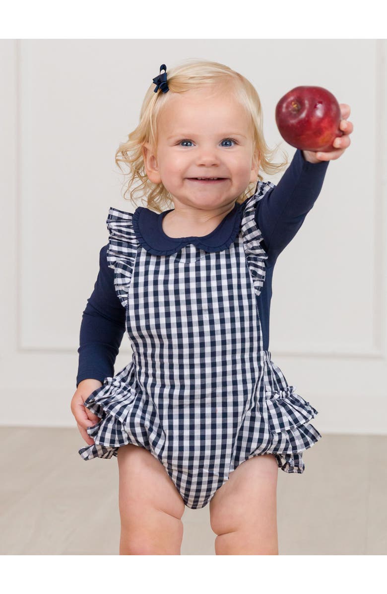 RuffleButts Flutter Overall Romper, Alternate, color, Classic Dark Navy Gingham