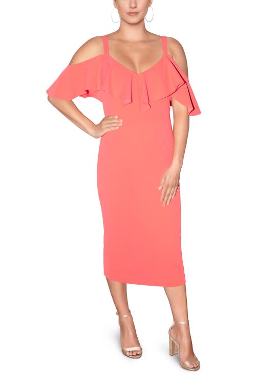 RACHEL Rachel Roy Marcella Off the Shoulder Ruffle Midi Dress in Guava 