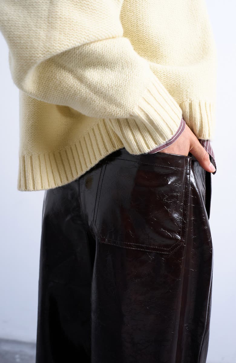 Topshop Pleat Front Straight Leg Faux Leather Pants, Alternate, color, Brown