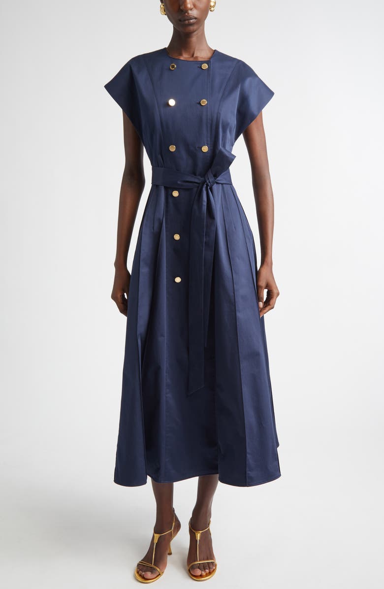 Carolina Herrera Double Breasted Stretch Sateen Shirtdress, Main, color, Midnight