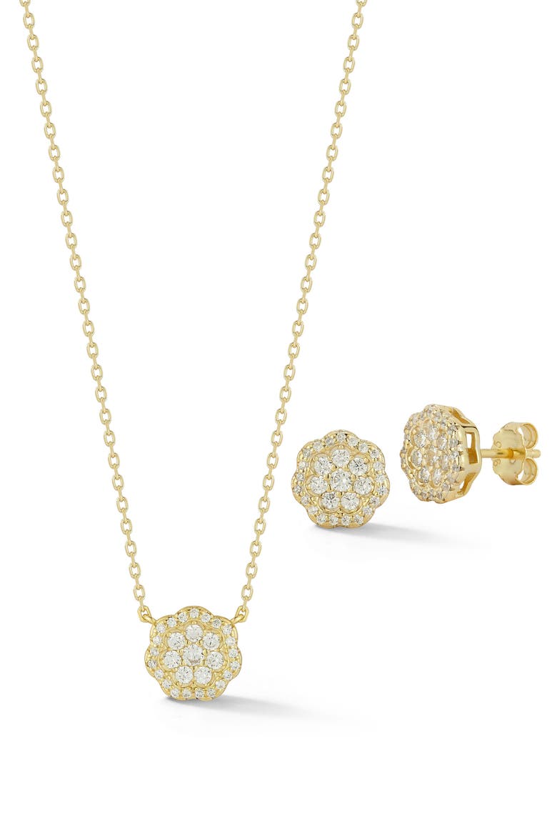 Flower Cubic Zirconia Pendant Necklace & Stud Earrings Set, Main, color, GOLD