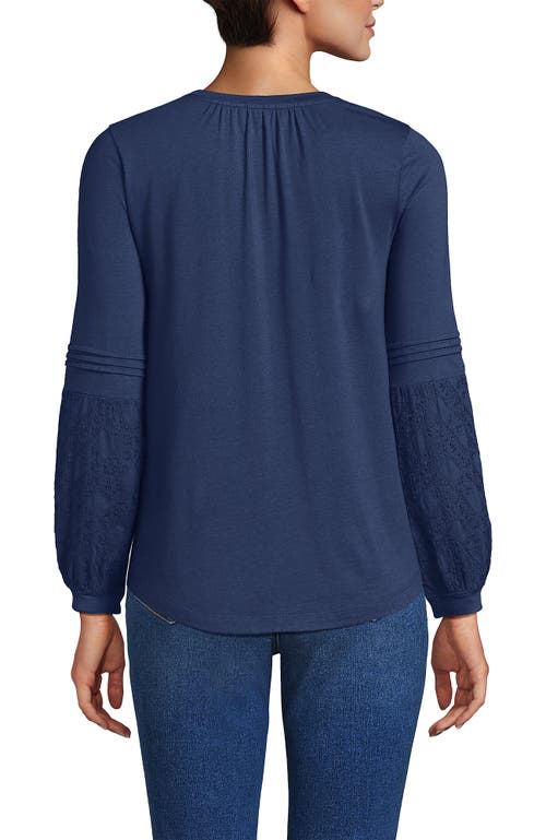 Lands' End Lightweight Jersey Lace Mix Long Sleeve Pintuck Top In Blue