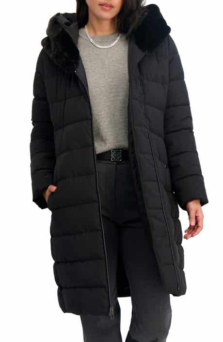 Tahari Vic Belted Longline Coat with Faux Fur Trim Hood