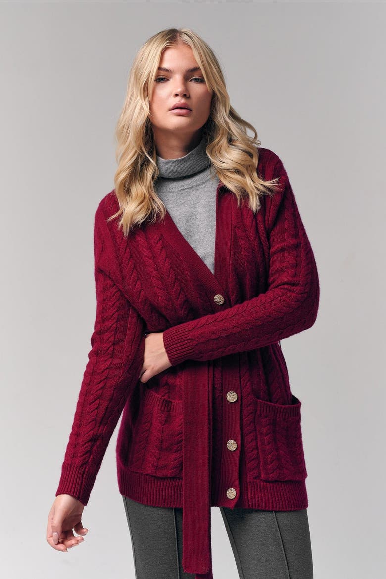 Cable-Knit Cashmere Belted Cardigan, Alternate, color, Burgundy