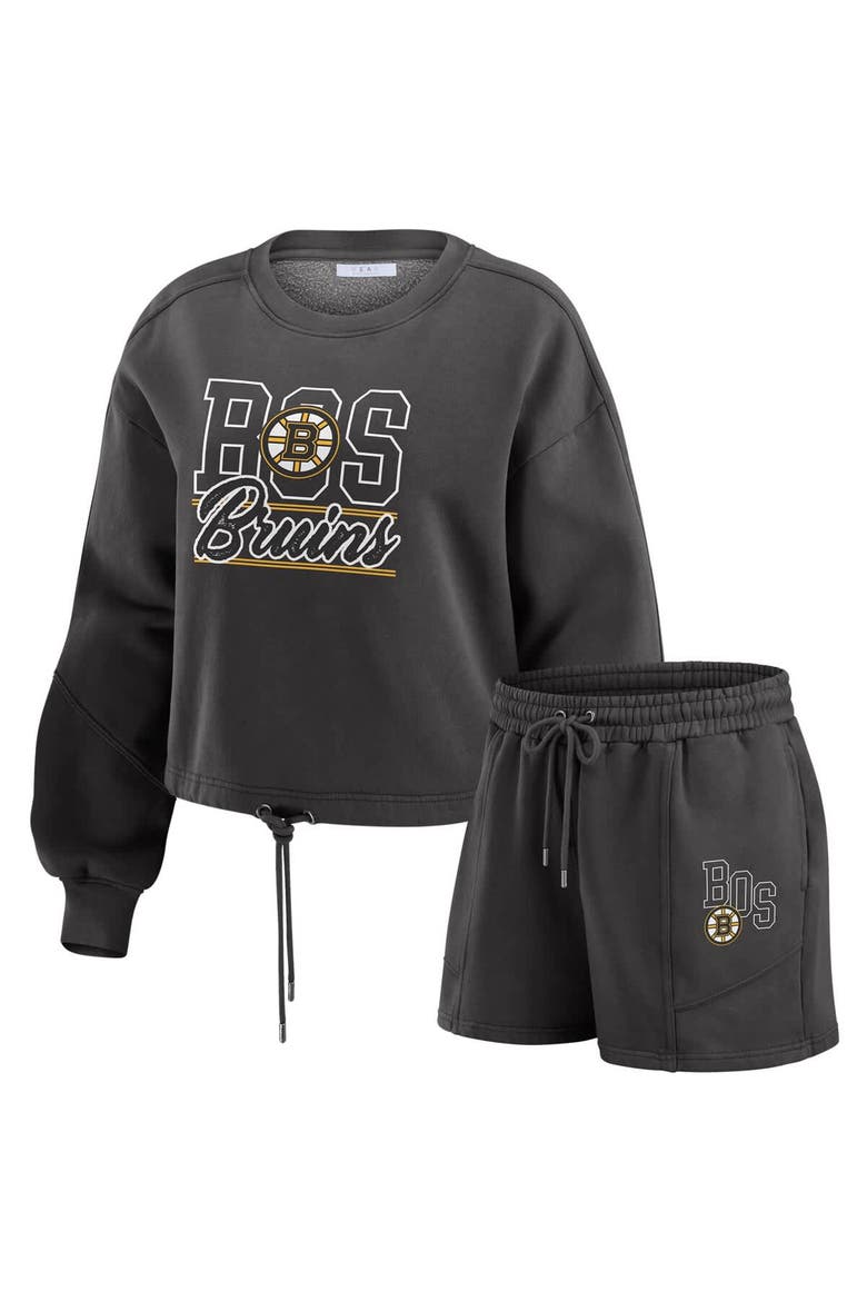 Women's WEAR by Erin Andrews Black Boston Bruins Washed Fleece Sweatshirt & Shorts Lounge Set, Main, color, Black