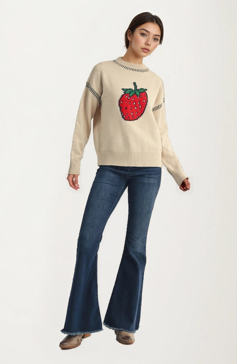Knit and Lounge Playful Strawberry Knit Sweater with Ribbed Hem and Long Sleeves, Alternate, color, Ivory