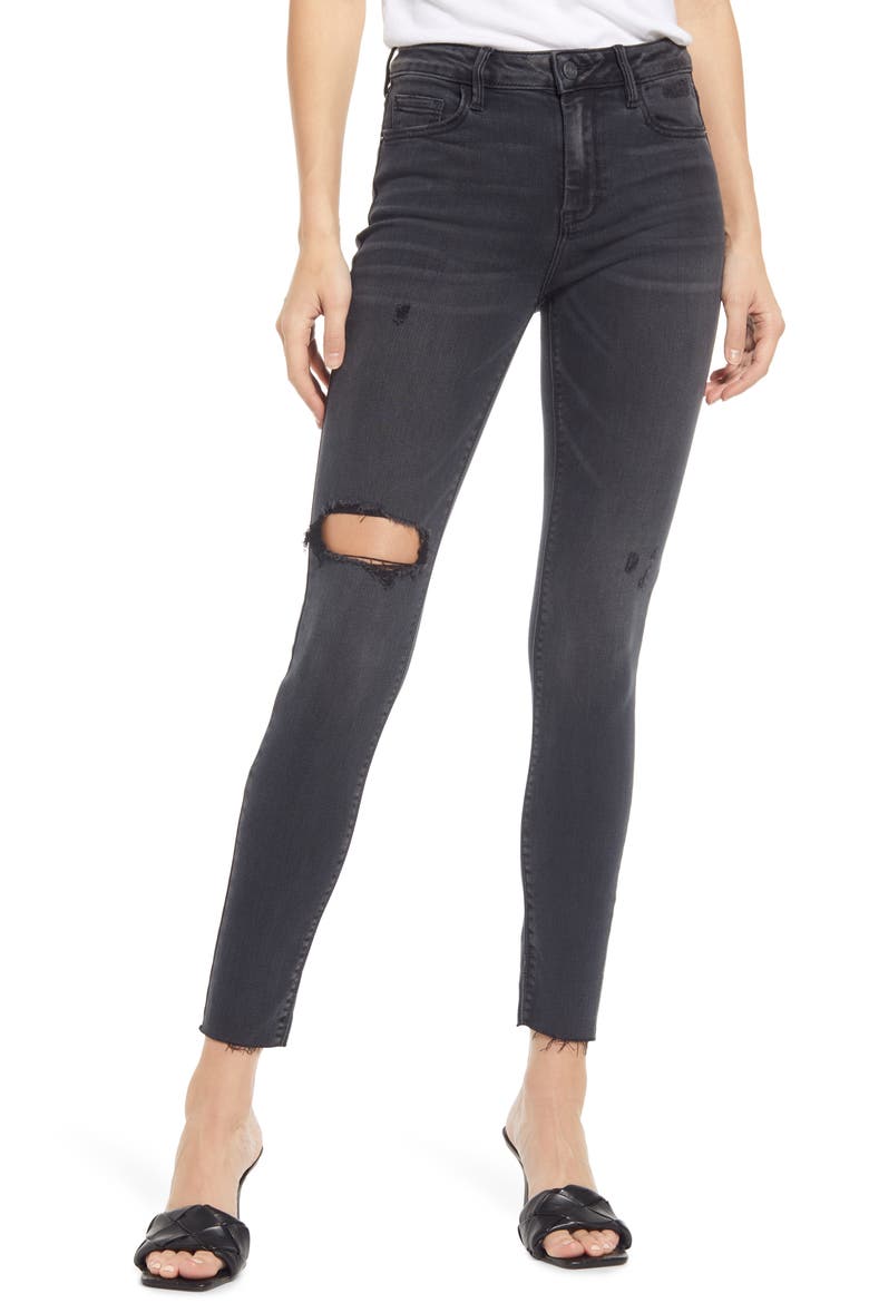 Distressed High Waist Raw Hem Skinny Jeans, Main, color, BLACK
