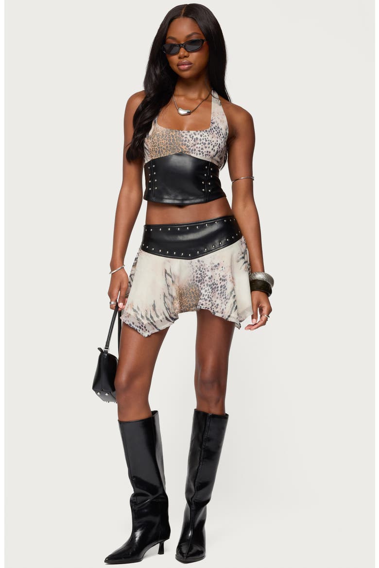 Letta Animal Print Chiffon & Faux Leather Halter Top, Alternate, color, MIX