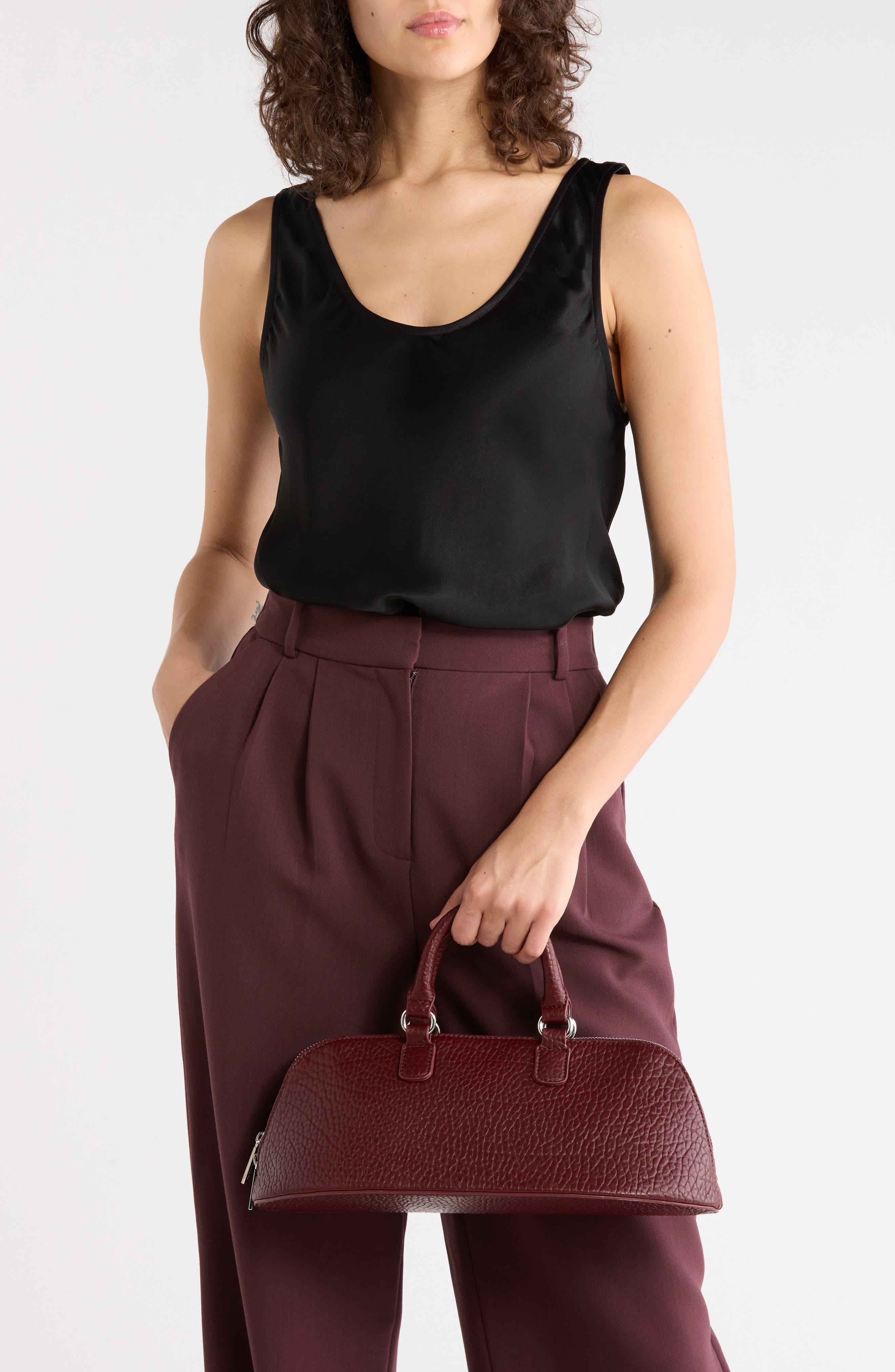 E-W Half Moon Satchel Faux Leather, Alternate, color, BLACK CHERRY