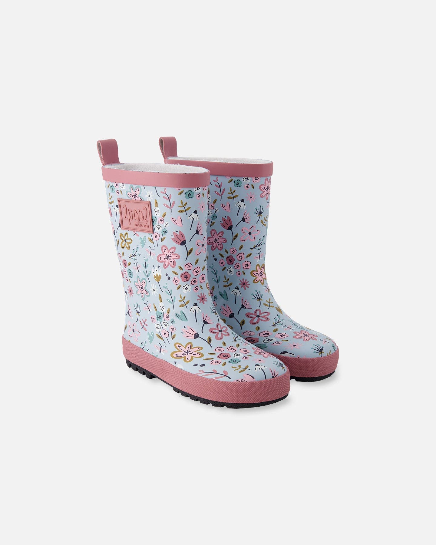 Deux par Deux Waterproof Mini Flower Rain Boots in Natural Rubber, Main, color, Blue Mini Flower Print