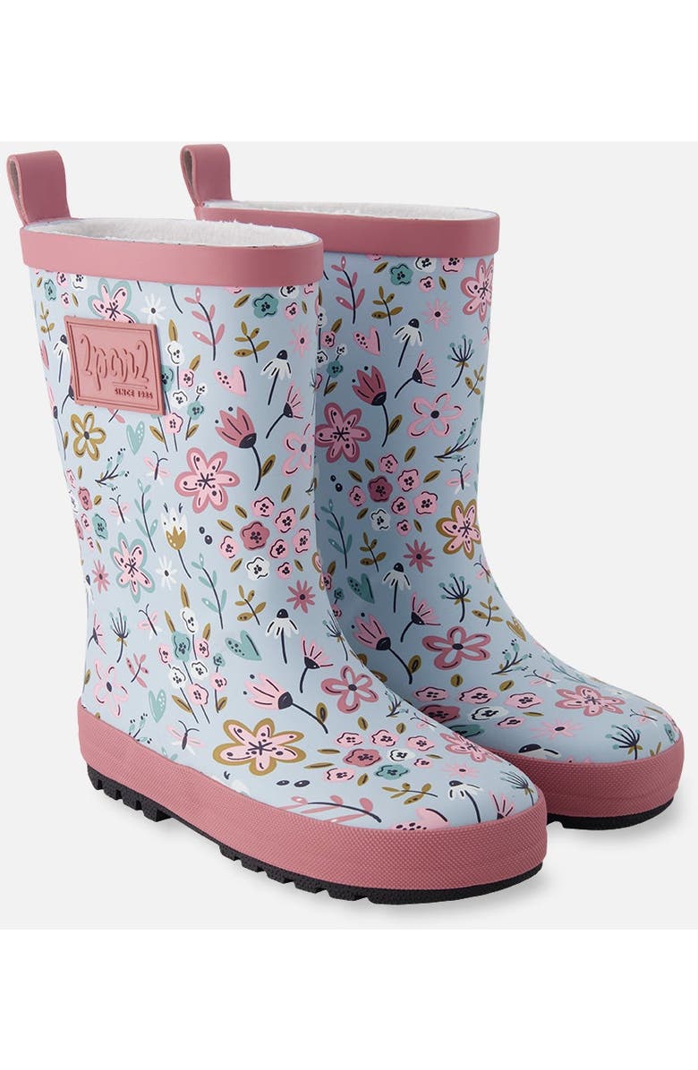 Deux par Deux Waterproof Mini Flower Rain Boots in Natural Rubber, Main, color, Blue Mini Flower Print