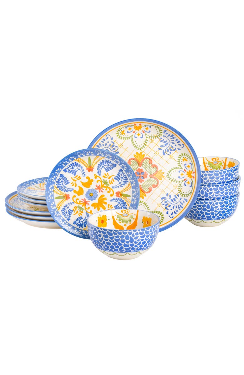 Laurie Gates Tierra Tile 12 Piece Round Stoneware Dinnerware Set, Main, color, Assorted