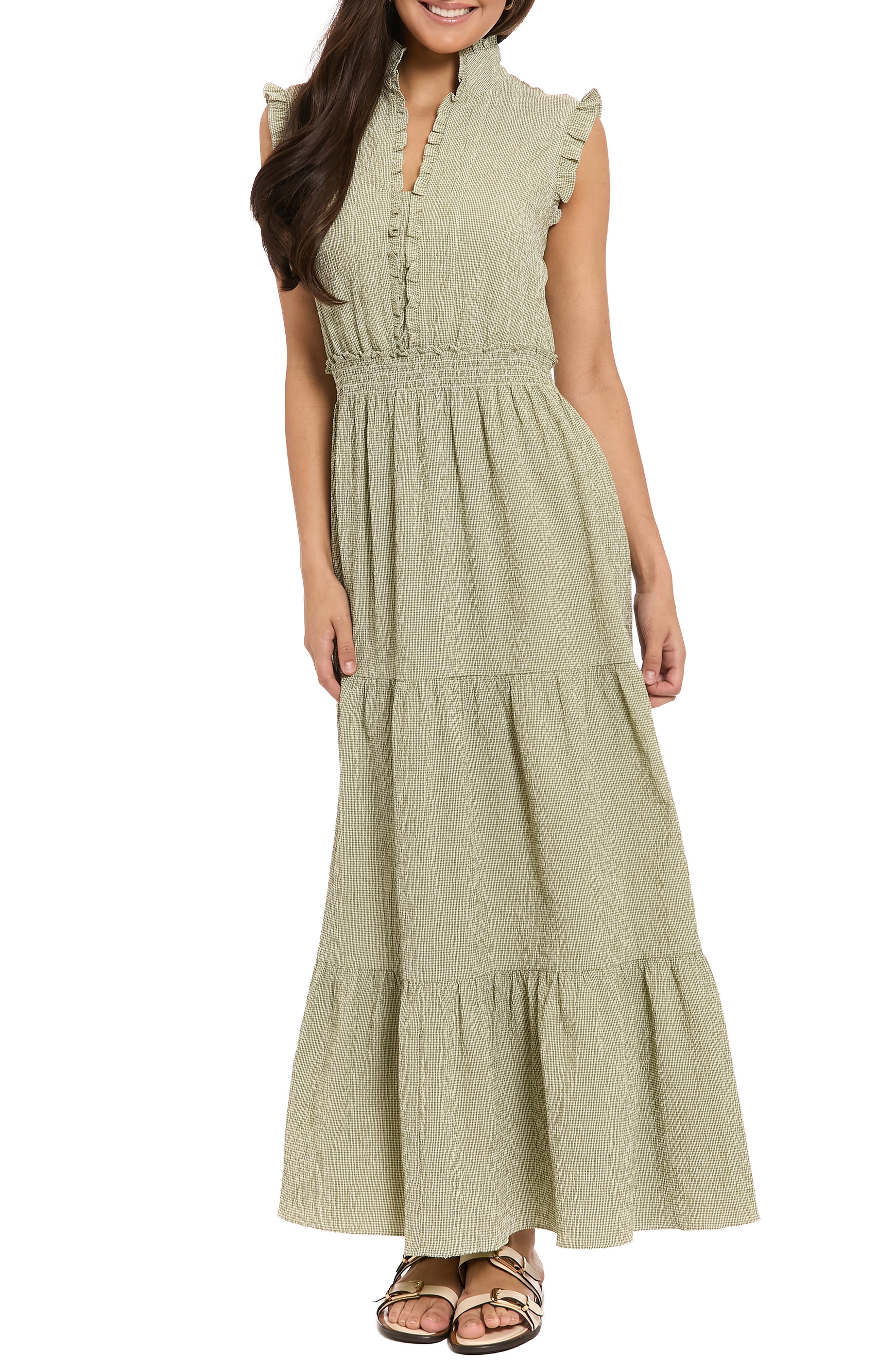 London Times Ruffle Sleeveless Tiered Maxi Dress