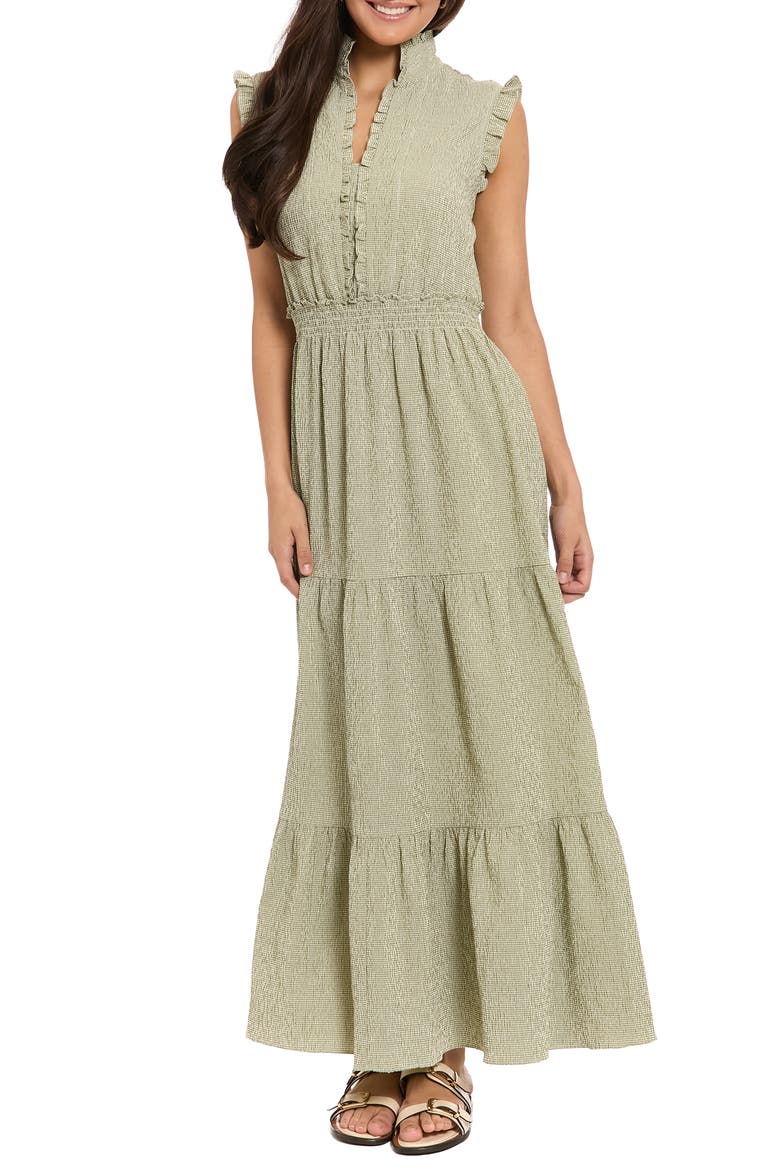 Ruffle Sleeveless Tiered Maxi Dress, Main, color, OLIVE GREEN/ IVORY