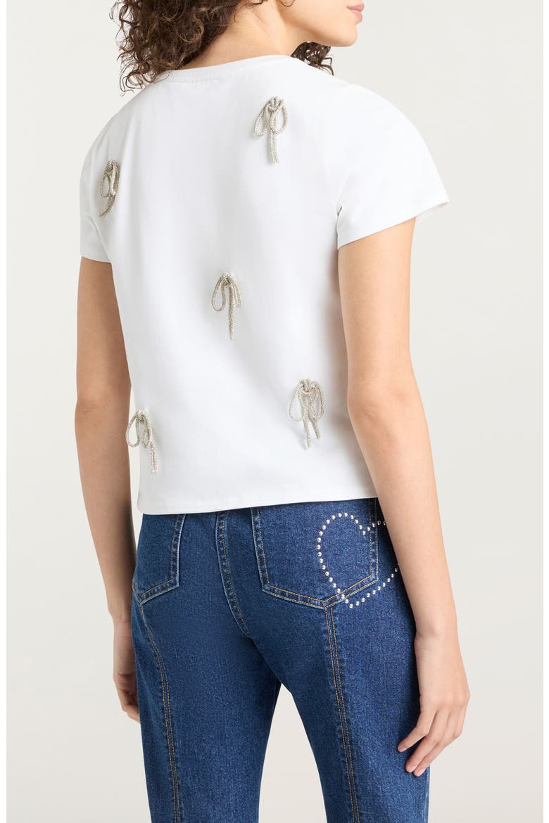 Rhinestone Bow Embellished Cotton Shrunken Tee, Alternate, color, WHITE