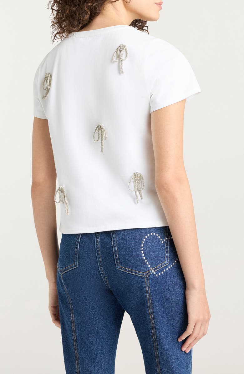 Cinq à Sept Rhinestone Bow Embellished Cotton Shrunken Tee, Alternate, color, White