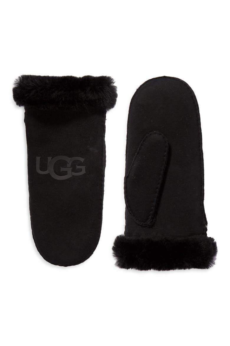Genuine Shearling Trim Leather Mittens, Main, color, BLACK