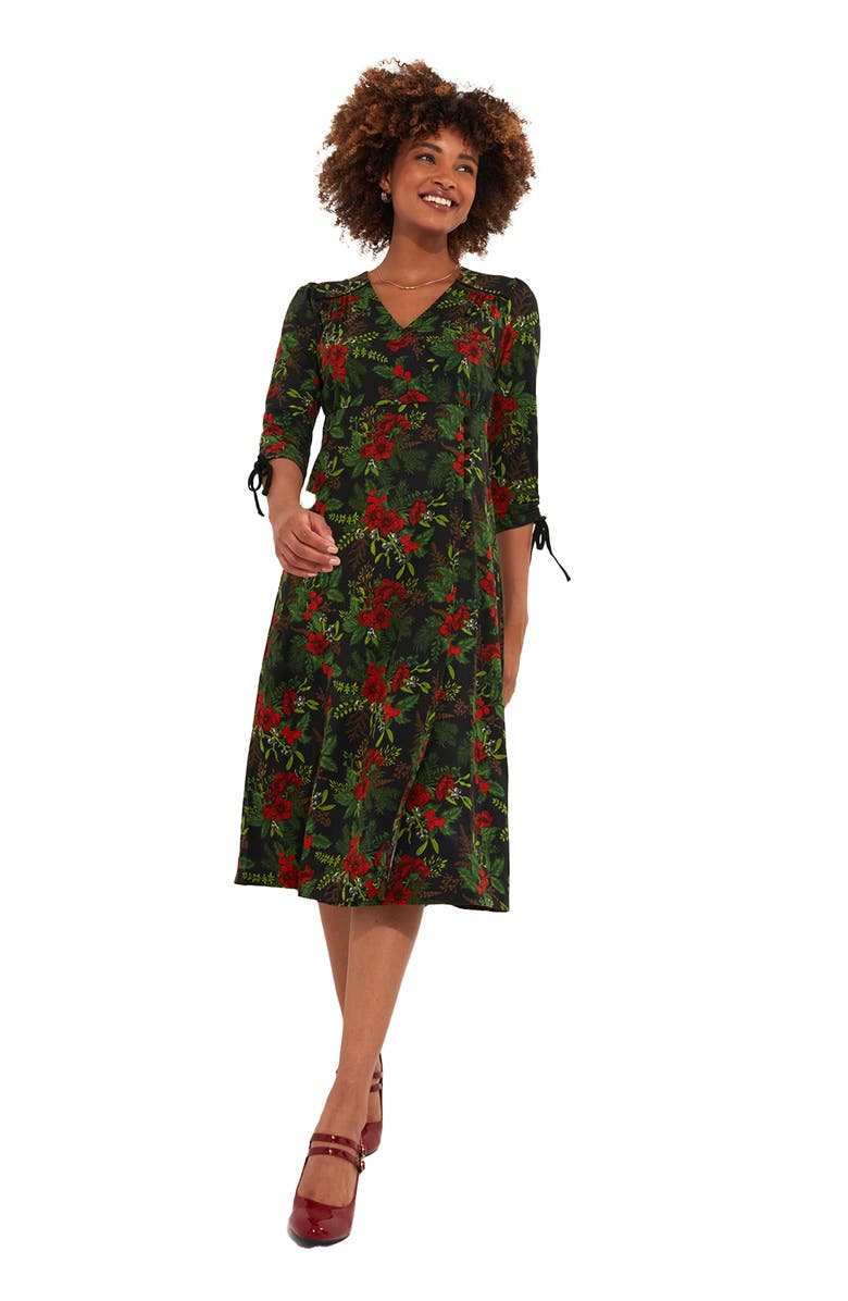 Joe Browns Stretch Knit Faux Wrap Midi Dress, Main, color, Pretty Poinsettia Floral