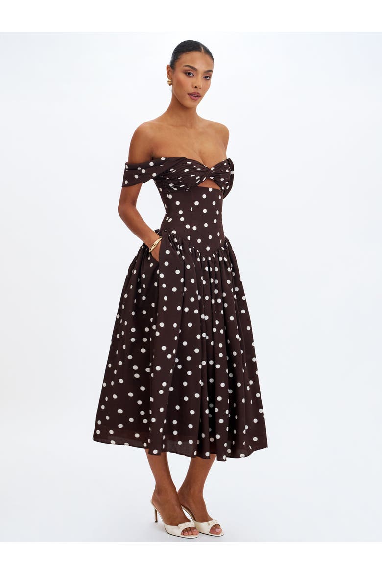 Xandie Polka Dot Off-Shoulder Midi Dress, Alternate, color, Mocha