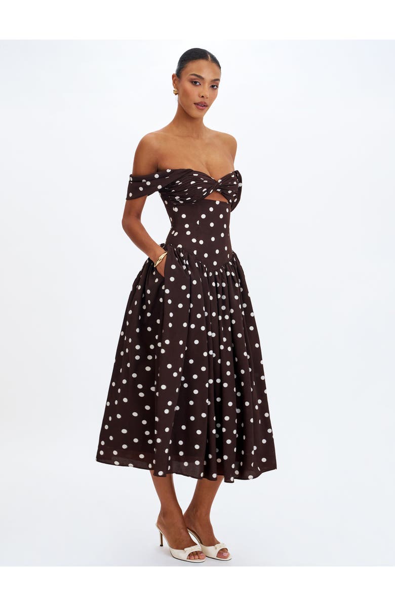Miss Circle Xandie Polka Dot Off-Shoulder Midi Dress, Alternate, color, Mocha
