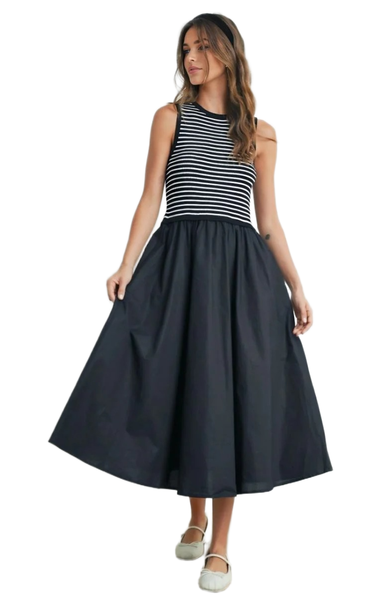 Knit and Lounge Striped Knit Top Woven Skirt Sleeveless Maxi Dress, Alternate, color, 