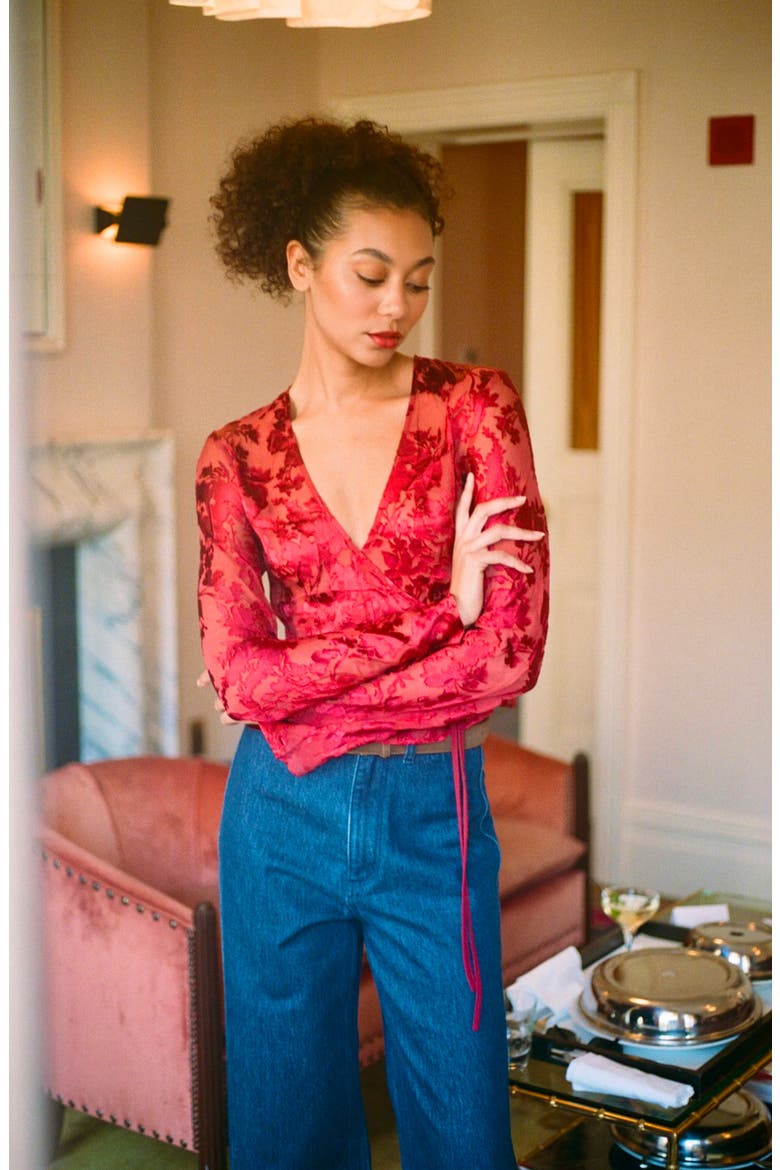 Rodeo Sheer Burnout Wrap Top, Alternate, color, RUBY