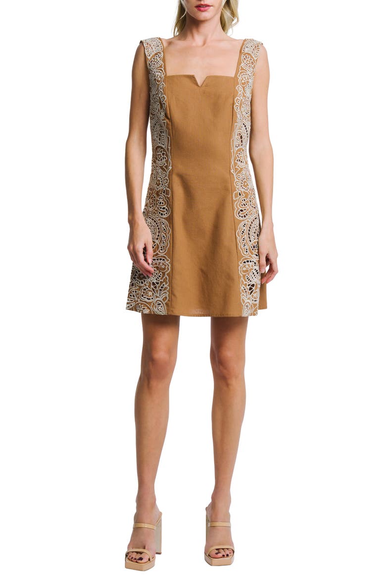 Eviana Embroidered Detail Cotton Minidress, Main, color, BROWN/ CREAM