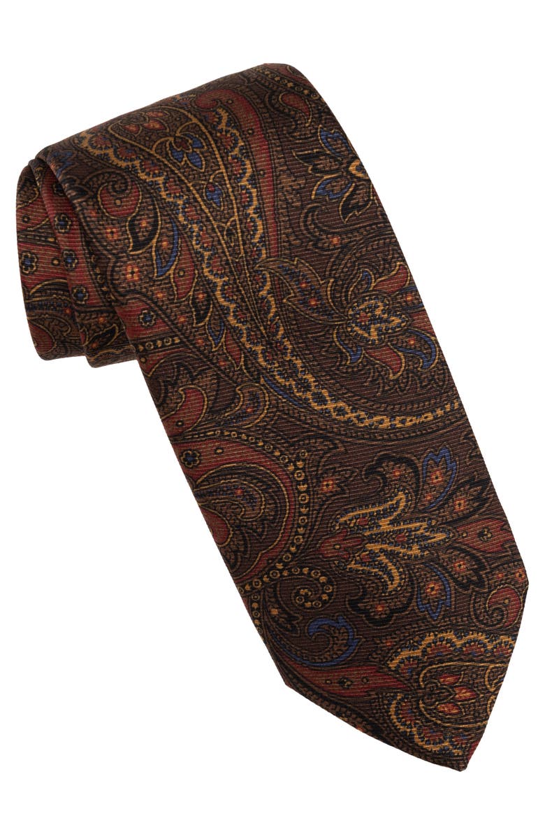 Elizabetta Marsala - Extra Long Printed Madder Silk Tie for Men, Main, color, Brown