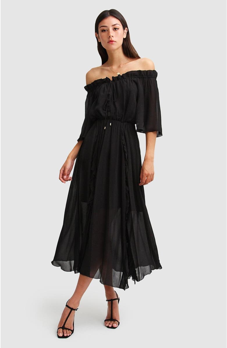 Belle & Bloom Amour Amour Ruffled Midi Dress, Alternate, color, Black
